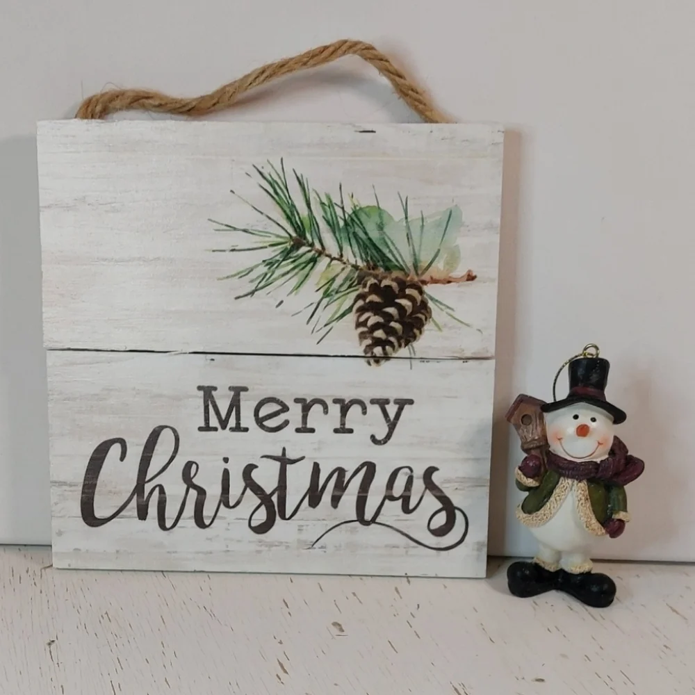 Christmas Wooden Hanging Sign and Snowman Ornament Stocking Stuffer Gift Decor